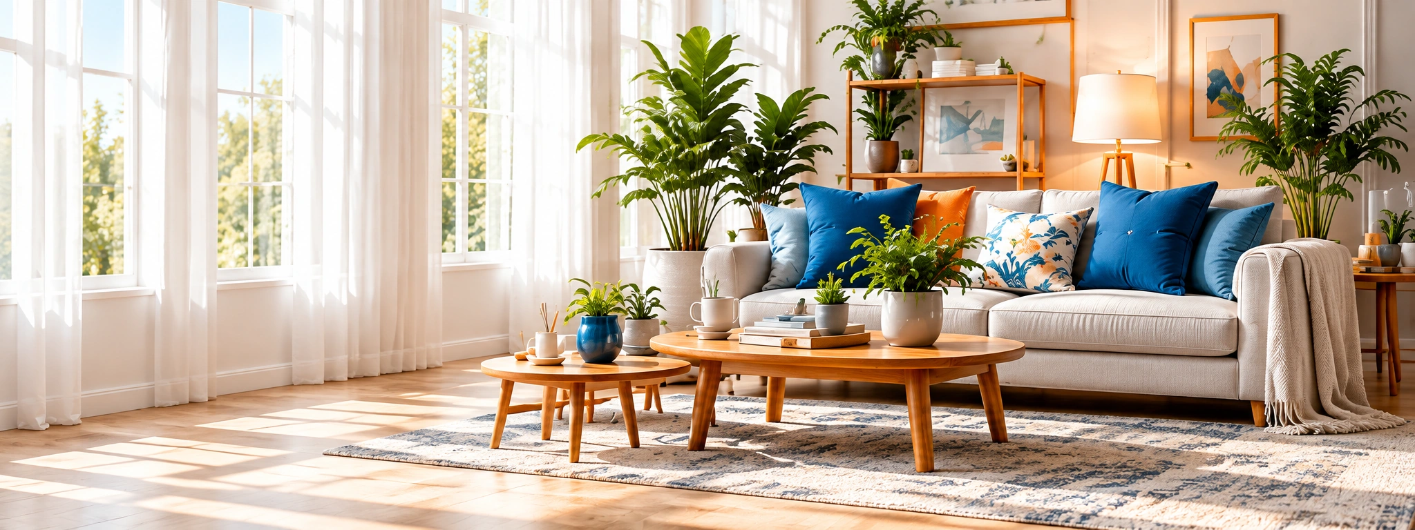 Coordinated cream sofa, blue cushions and warm wood home decor
