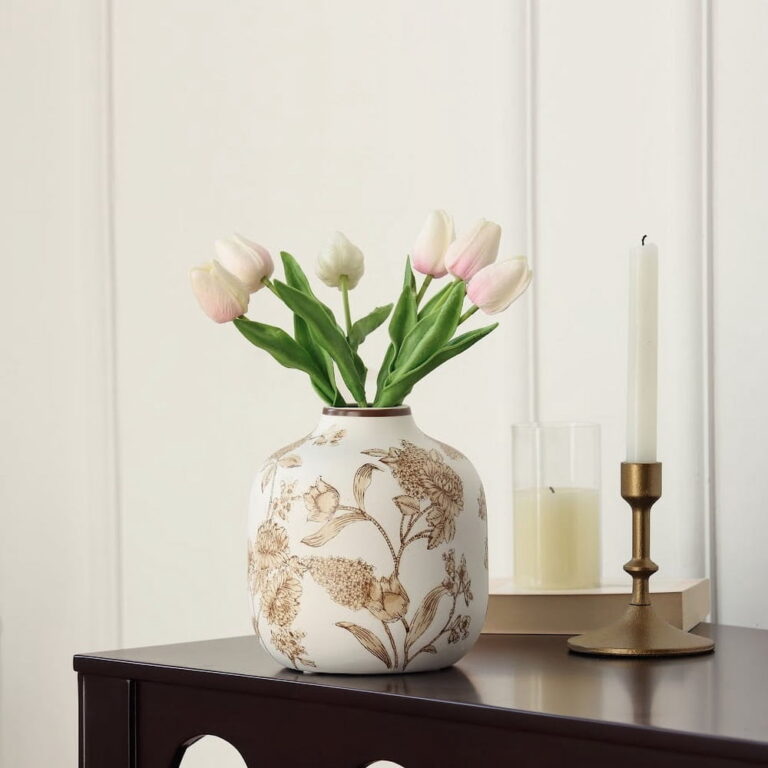 Home Decor Collection Sterling & Noble Home White Ceramic Brown Floral Painted Tabletop Vase | Vases