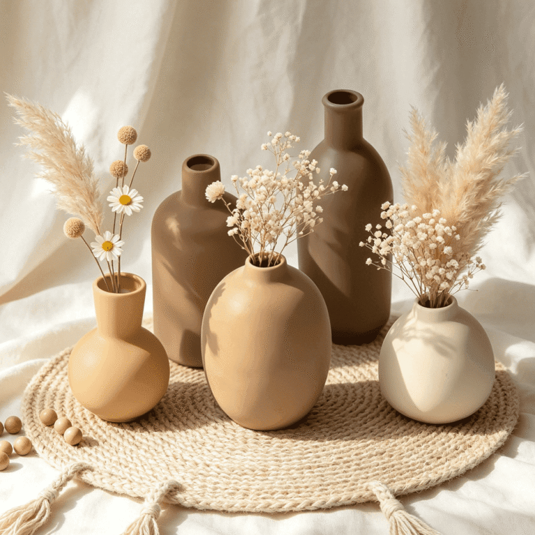 Ceramic Vase Set of 5 â Table Living Room Kitchen Bedroom Bathroom - Brown / Vases Home Decor Rustic Farmhouse Accent Vase Pottery Vases for Bouquet Pampas Grass Dried Fresh Flowers