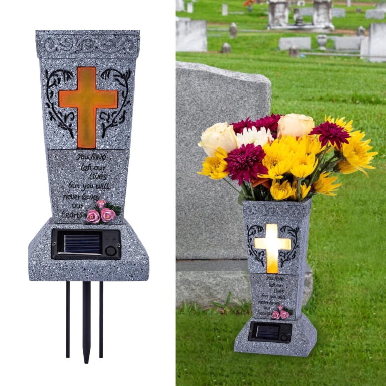 Cemetery Grave Vase featuring LED Solar light â Gravestone Decor Memorial Gifts for Loss of Loved One / Fresh/Artificial Flowers Headstones Vases featuring Spikes