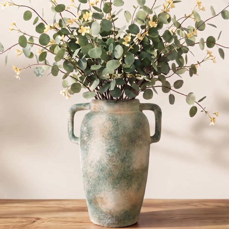 iFaveorr Rustic Green Ceramic Vase 10.1 Inch Height â WabiâSabi Accent Vase for Home Table Centerpiece / Handcrafted Distressed Amphora Vase featuring Square Double Handles